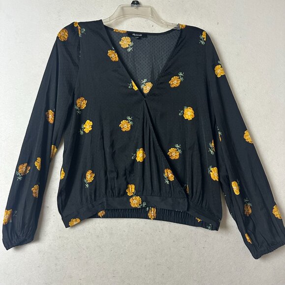 MADEWELL Black Floral Bubble-Sleeve Wrap Blouse Top "Floating Florets" Sz M - Picture 6 of 6